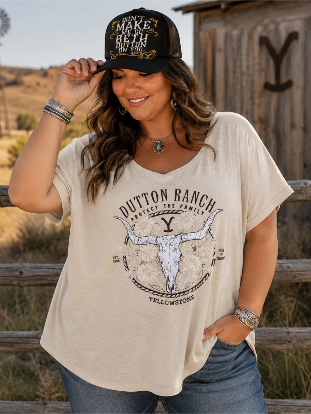 Yellowstone Dutton Ranch Graphic SS Tee 2X Cream + Graphic Trucker SnapBack Hat